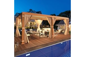 Yoleny Louvered Pergola - 10x20, All Aluminum with Adjustable Rainproof Roof, Outdoor Pergola with Curtains and Nets for Patio & Garden, Woodgrain