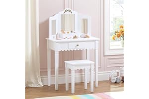 Spirich Kids Vanity Set with Mirror and Stool, Kids Make Up Vanity Desk for Little Girls, Children Makeup Dressing Table with Drawer