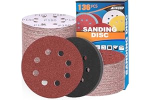 136 Pcs 5 Inch Sanding Discs 8-Holes Hook and Loop Sandpaper,9 Types MixSet 40 60 80 120 180 220 320 400 600 Grit with 1Pcs I