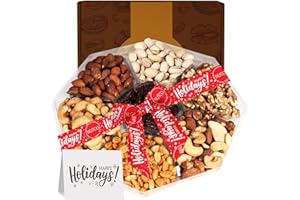 Gourmet Collection Nut Gift Basket With Greeting Card By Nutco 7 Assortments Tray, Arrangement Platter, Care Package - Healthy Kosher USA Made (1 lb, Happy Holidays)