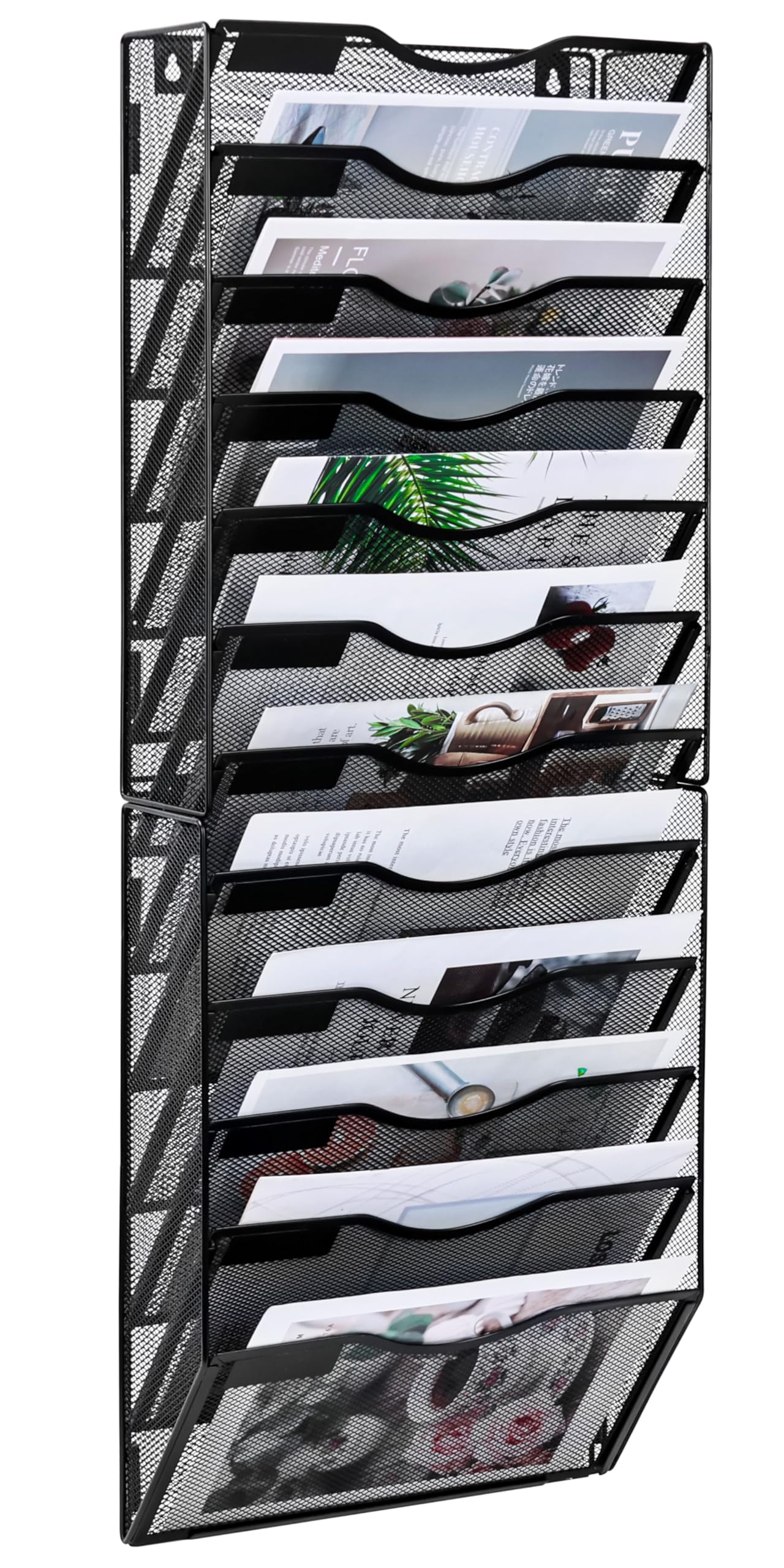 Solinxe 12-Pocket Desk Tidy Organizer, A4 Wall Mounted Document Holder, Vertical Metal Magazine Rack, Wall Hanging Storage Organiser in Tray for Office Accessories Stationery Supplies, Black