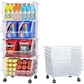 Large Stackable Storage Bins Open Front with Wheels, 4 Pack - Clear | Easy Assembly, Sturdy Plastic, Open Front Access, Smooth Rolling Wheels, Stackable, Large Capacity Storage