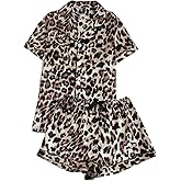 SHENHE Women's 2 Piece Satin Pajama Set Leopard Short Sleeve Button Down Pj Shorts Set