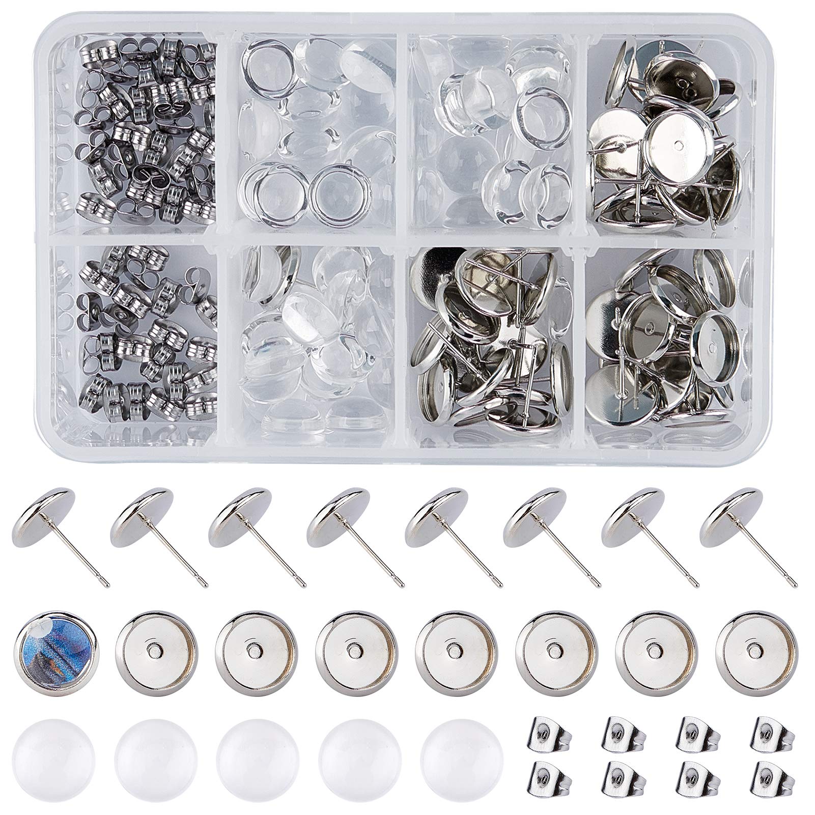 SUNNYCLUE 180Pcs 8mm Stainless Steel Flat Round Ear Stud Components 60pcs Glass Cabochon Earring Setting & 60pcs Earring Setting Tray & 60pcs Ear Stud Back for Jewelry Making DIY Earring Findings
