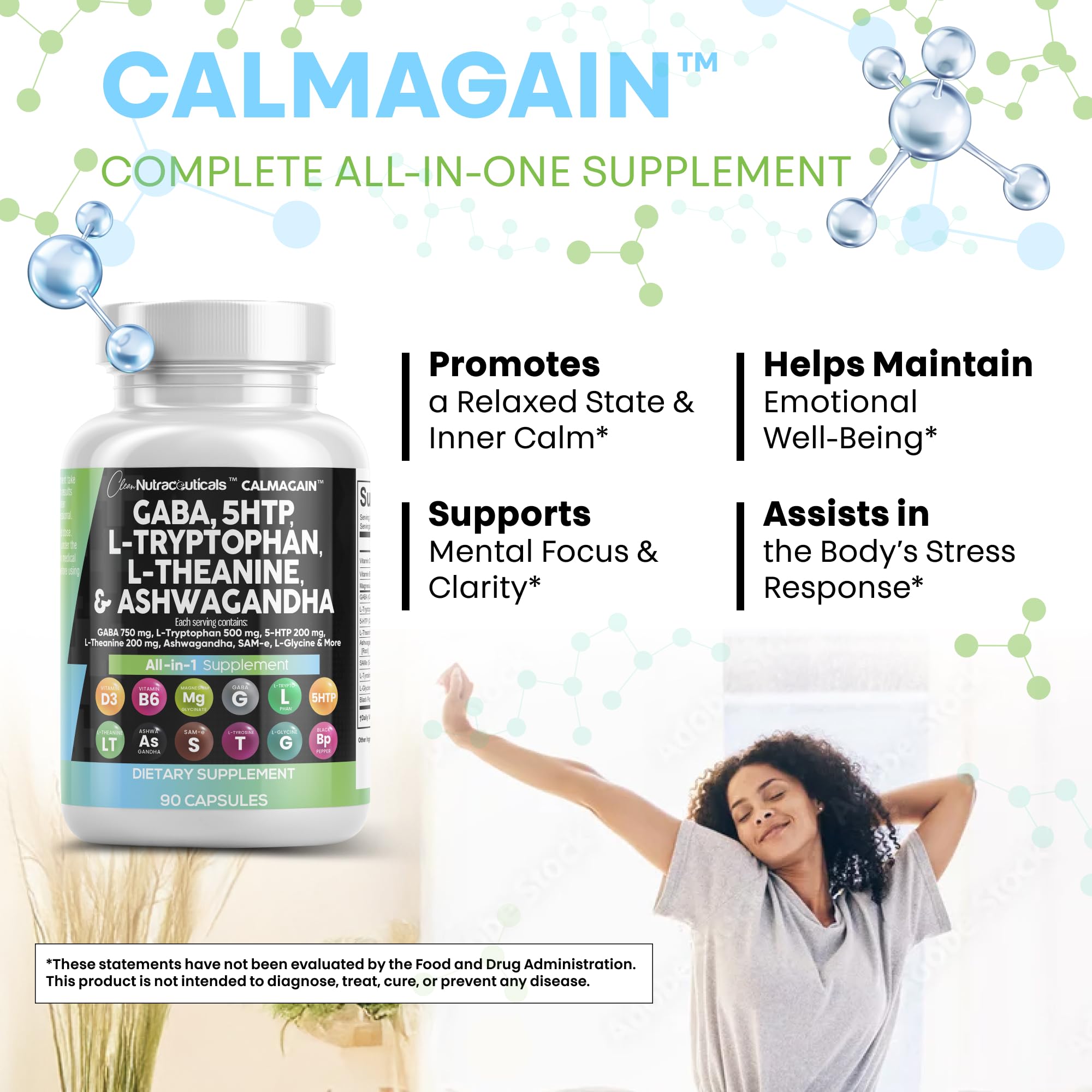 Clean Nutraceuticals GABA 750mg 5 HTP 200mg L Tryptophan 500mg L Theanine 200mg Ashwagandha SAM-e L-Glycine - Mood Support Vitamins for Women and Men with L-Tyrosine 5-HTP (5-Hydroxytryptophan)