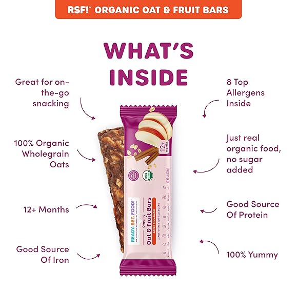 READY, SET, FOOD! ORGANIC OAT & FRUIT BARS | APPLE CINNAMON | ORGANIC BABY TODDLER SNACK BAR WITH 8 TOP ALLERGENS: PEANUT, EGG, MILK, CASHEW, ALMOND, WALNUT, SESAME, SOY | NO SUGAR ADDED