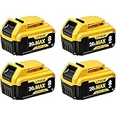 4 Packs 8000mAh Replacement for Dewalt 20V Max Battery Lithium-ion Compatible with DCB201 DCB200 DCB206 DCB207 and 20V Cordless Power Tools