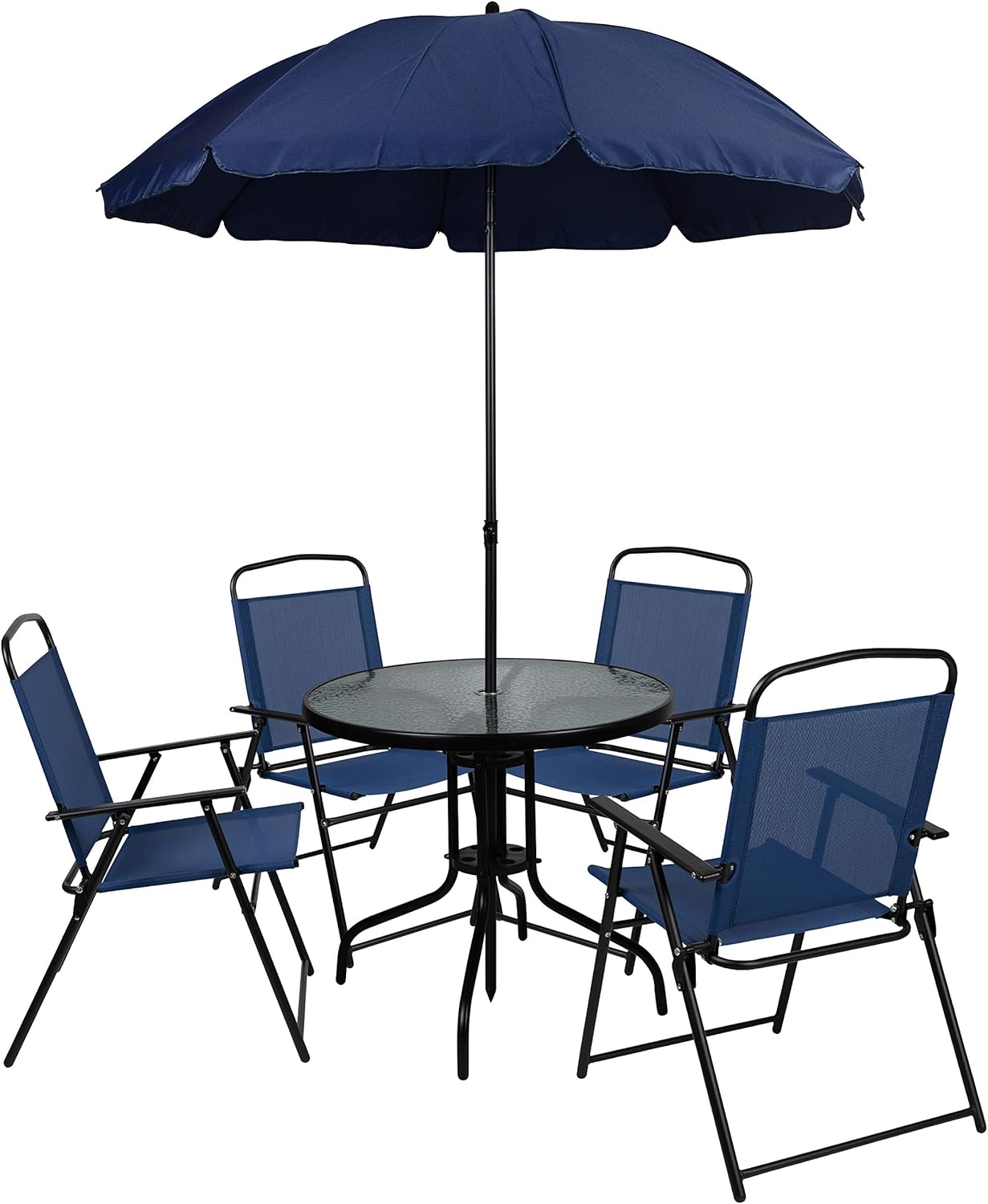 Flash Furniture Nantucket 6 Piece Patio Garden Table Set - Umbrella Table - Set of 4 Navy Folding Chairs : Garden & Outdoor
