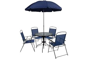 Flash Furniture Nantucket 6-Piece Patio Dining Set with Glass Table, 4 Folding Chairs, and Umbrella, Outdoor Patio Table, Chairs, Umbrella Set, Navy