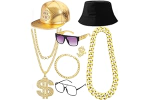 SONNYX SONYYX 90s Hip Hop 80s Rapper Costume for Men Women Gold Dollar Sign Hat Money Necklace Rapper Outfit Accessories