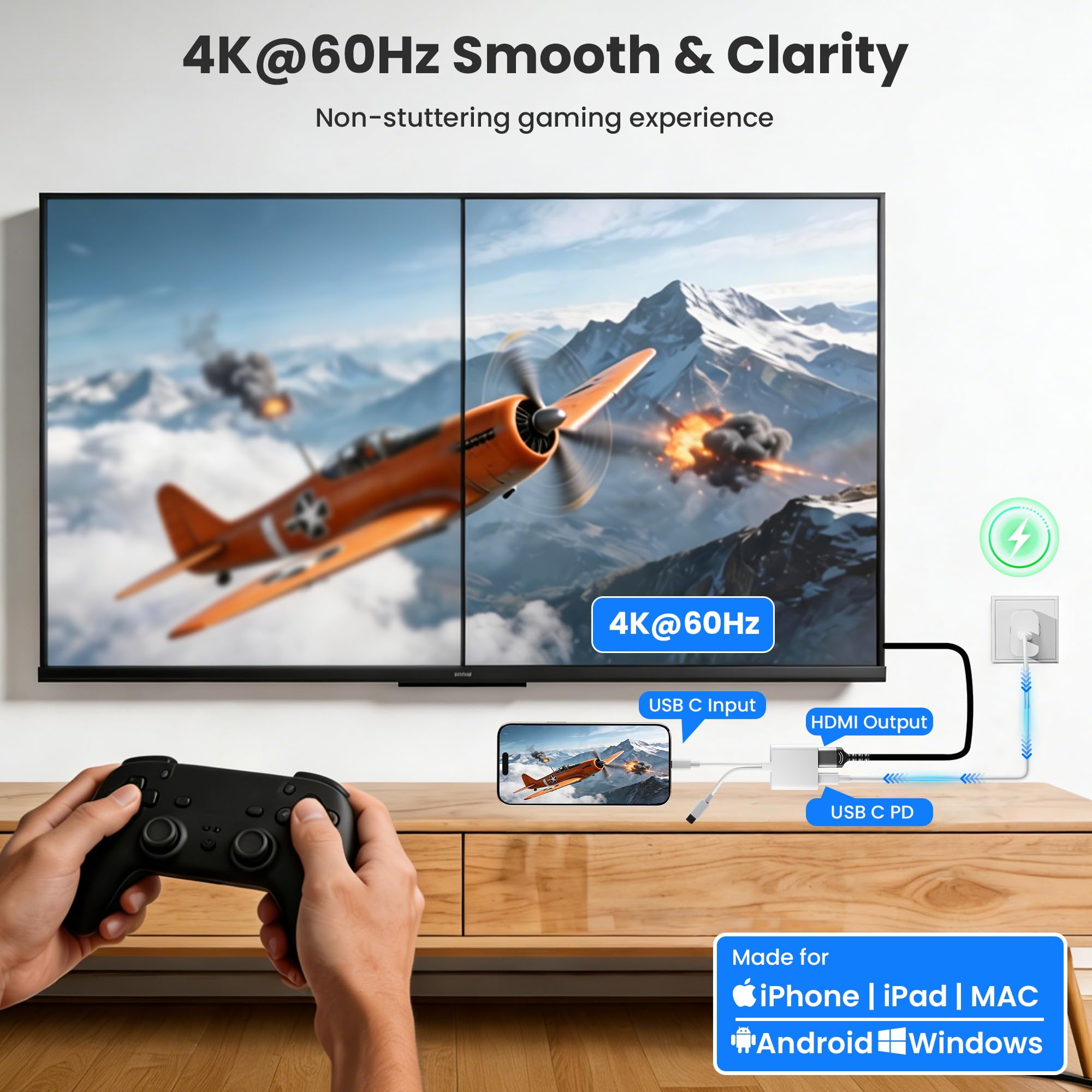 USB C und Lightning auf HDMI Adapter für iPhone, 4K@60Hz 100W USBC HDMI Adapter für iPhone 17/16/15/iPad MFi-zertifizierter HDMI Digital AV Adapter Lightning mit i Phone/iPad zu HDTV/Projektor/Monitor 3