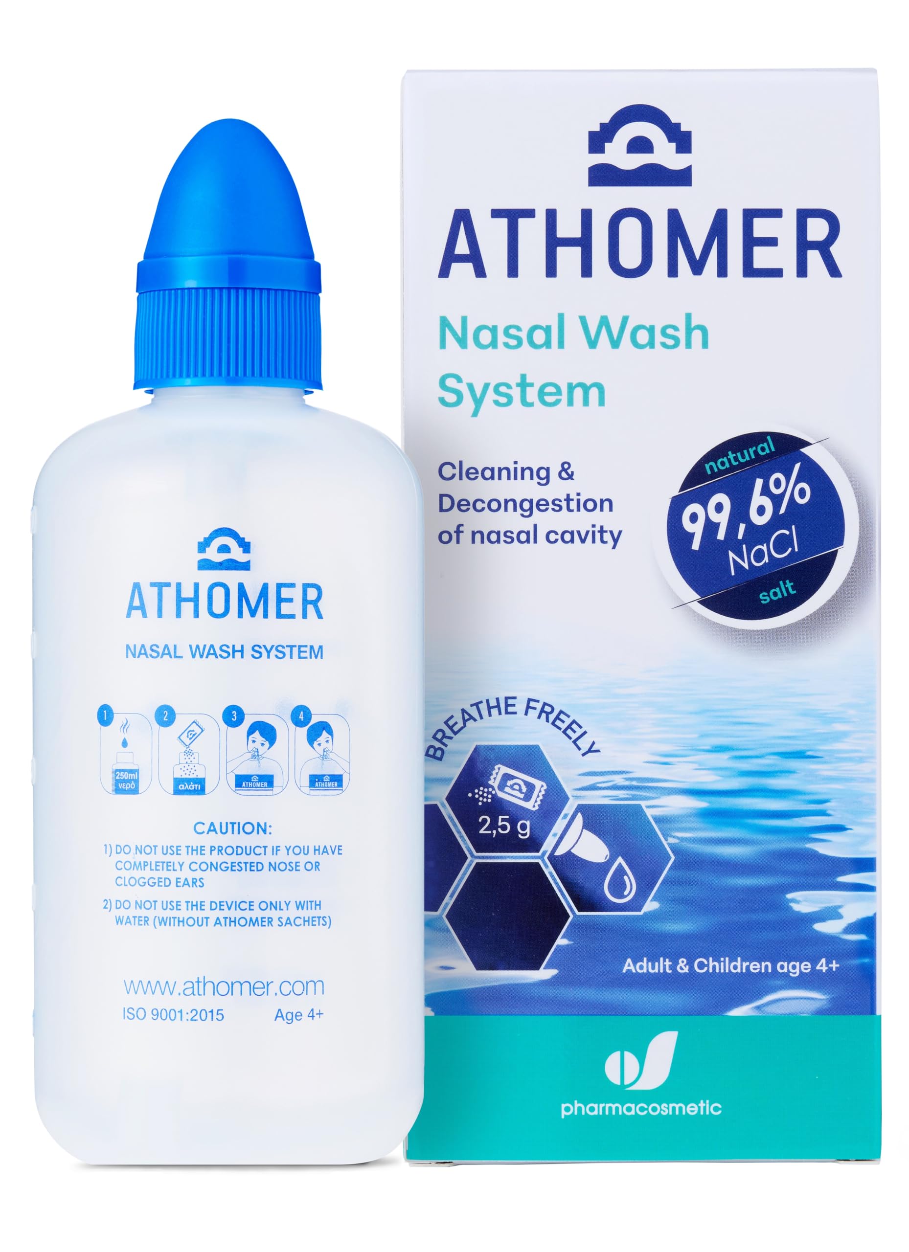 Athomer Nasal Wash - Sinus Rinse Kit - 250ml with 10 Packets of Sea Water Salt - Cleans and Decongests the Nasal Cavity - Moisturizing Nasal Sprayer for Adult and Kid (250ml)