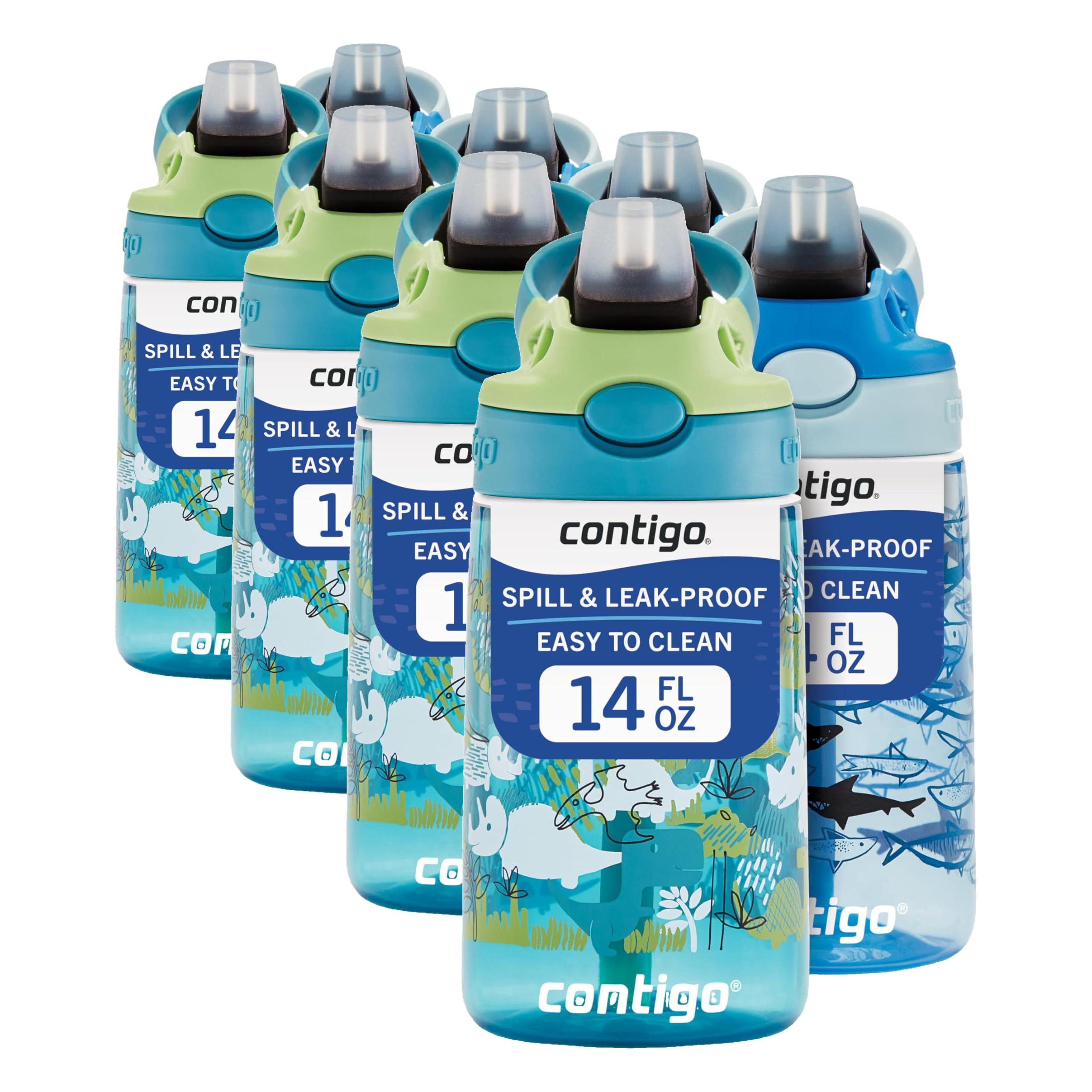 Contigo Aubrey Kids Dinos & Sharks Cleanable Water Bottle with Silicone Straw Spill-Proof Lid Dishwasher Safe 14oz 2-Pack (Pack of 4) Image