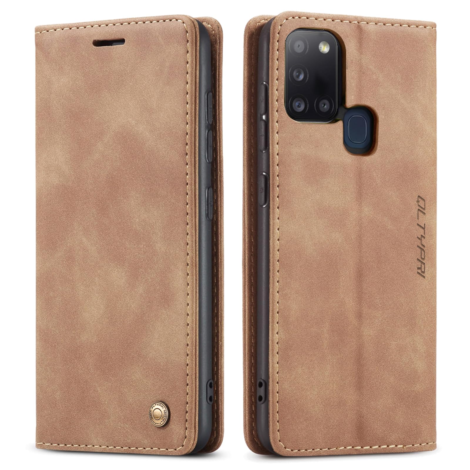 QLTYPRI Case for Samsung Galaxy A21S, Vintage PU Leather Wallet Case Card Slot Kickstand Magnetic Closure Shockproof Flip Folio Case Cover for Samsung Galaxy A21S - Brown