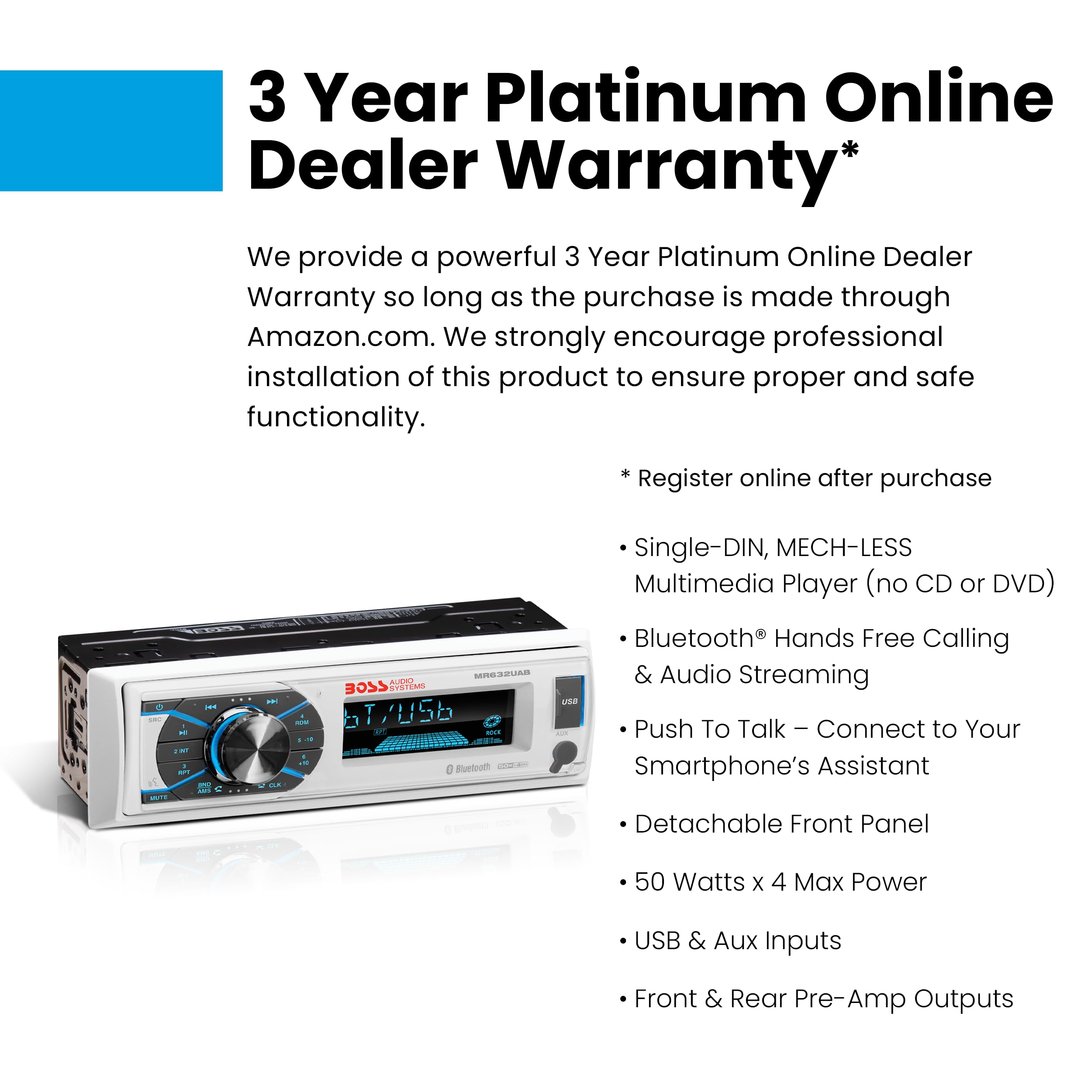 Boss Audio Systems MR632UAB Marine Receiver – Weatherproof, Bluetooth Audio and Hands-Free Calling, USB, MP3, AM/FM, Aux-in, No CD Player, RGB Multi-Color Illumination, Detachable Front Panel, white