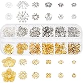 PH PandaHall 278Pcs Bead Caps, 12 Styles Flower Bead Cap Spacers Brass & Alloy Bead Cap Bails End Charm Caps Spacer Beads for Earring Bracelets Necklace Jewelry DIY Crafts Making, Golden & Silver