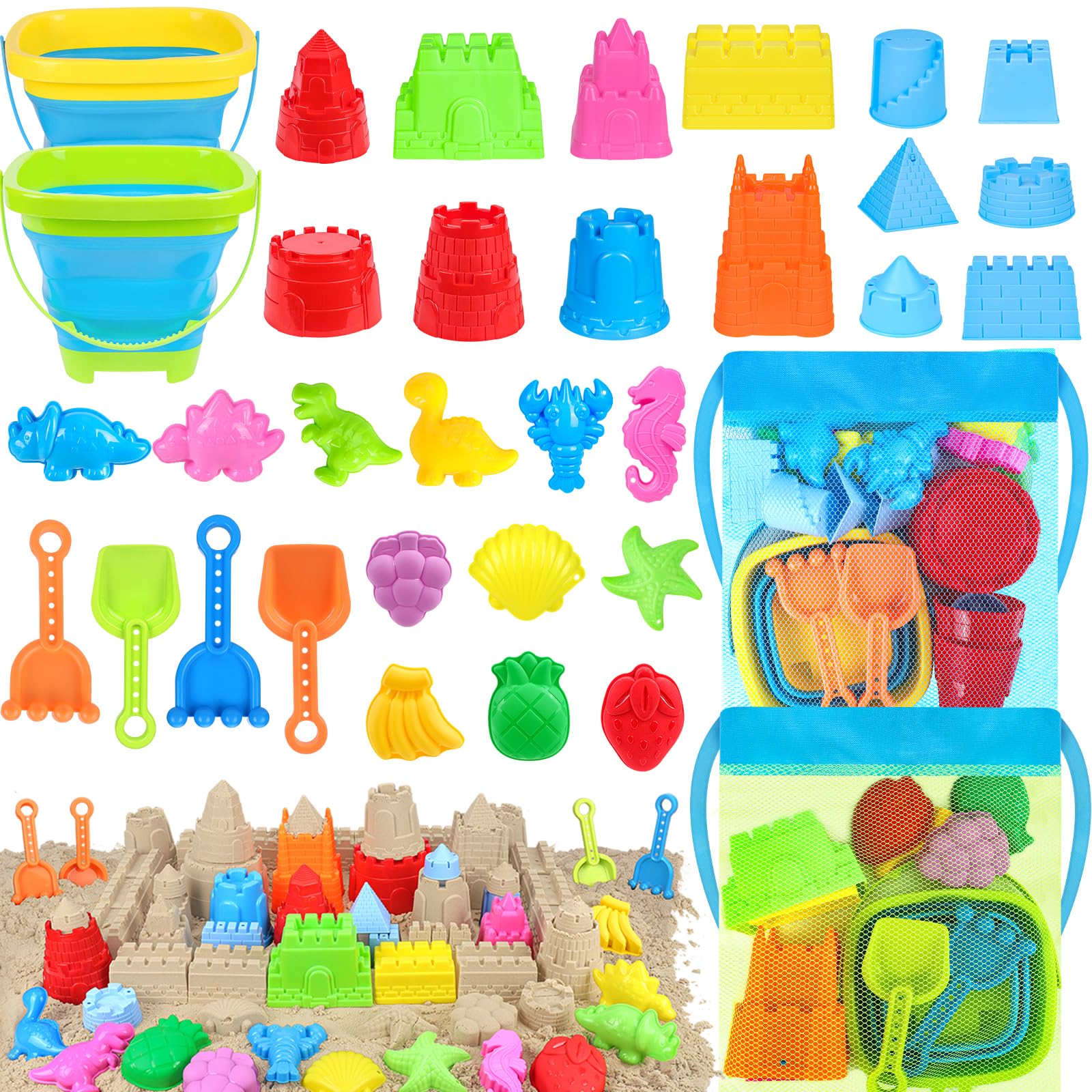 RACPNEL Collapsible Beach Toys Set for Kids Toddlers, Travel Beach Sand Castle Kits with Mesh Bag & Molds, Collapsible Sand Bucket and Shovel Set, Sandbox Toys for Toddlers Kids Age 3-12