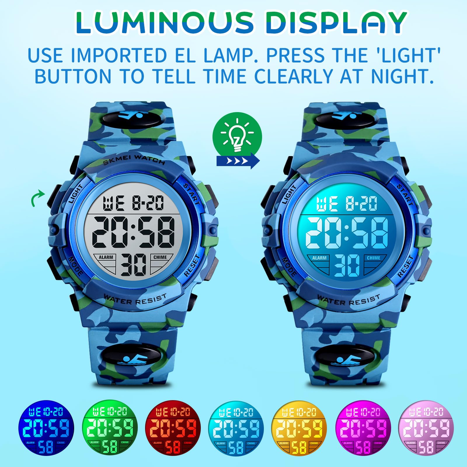 Dayllon Kids Digital Watch Boys Outdoor Sports 50M Waterproof Girls Watches Alarm Clock 12/24 H Stopwatch Calendar for Ages 3-15 Boy Girl Wristwatch Kids Gift