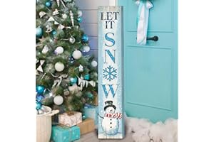 Menkxi Winter Snowman Porch Sign Blue Wooden Door Sign Let It Snow Porch with Snowflake Standing or Hanging Winter Sign for Indoor Outdoor Home Farmhouse Yard Decoration, 8 x 47 Inch