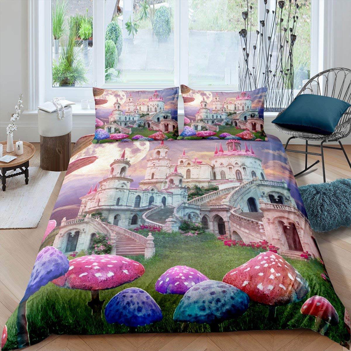 Girly Mushroom Castle Comforter Cover Princess Castle Decor Bedding Set for Kids Boys Girls Fantasy Cartoon Art Duvet Cover Dreamy Fairy Tale Bedspread Cover Room Decor 3Pcs King Size,Zipper