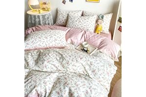 HIGHBUY Soft Cotton White Duvet Cover Queen with Pink Floral Print,Garden Style Botanical Comforter Zipper Closure,Cottagecore Set -1 Cover,2 Pillowcases, Queen(90''x90''), (HB03641Q)