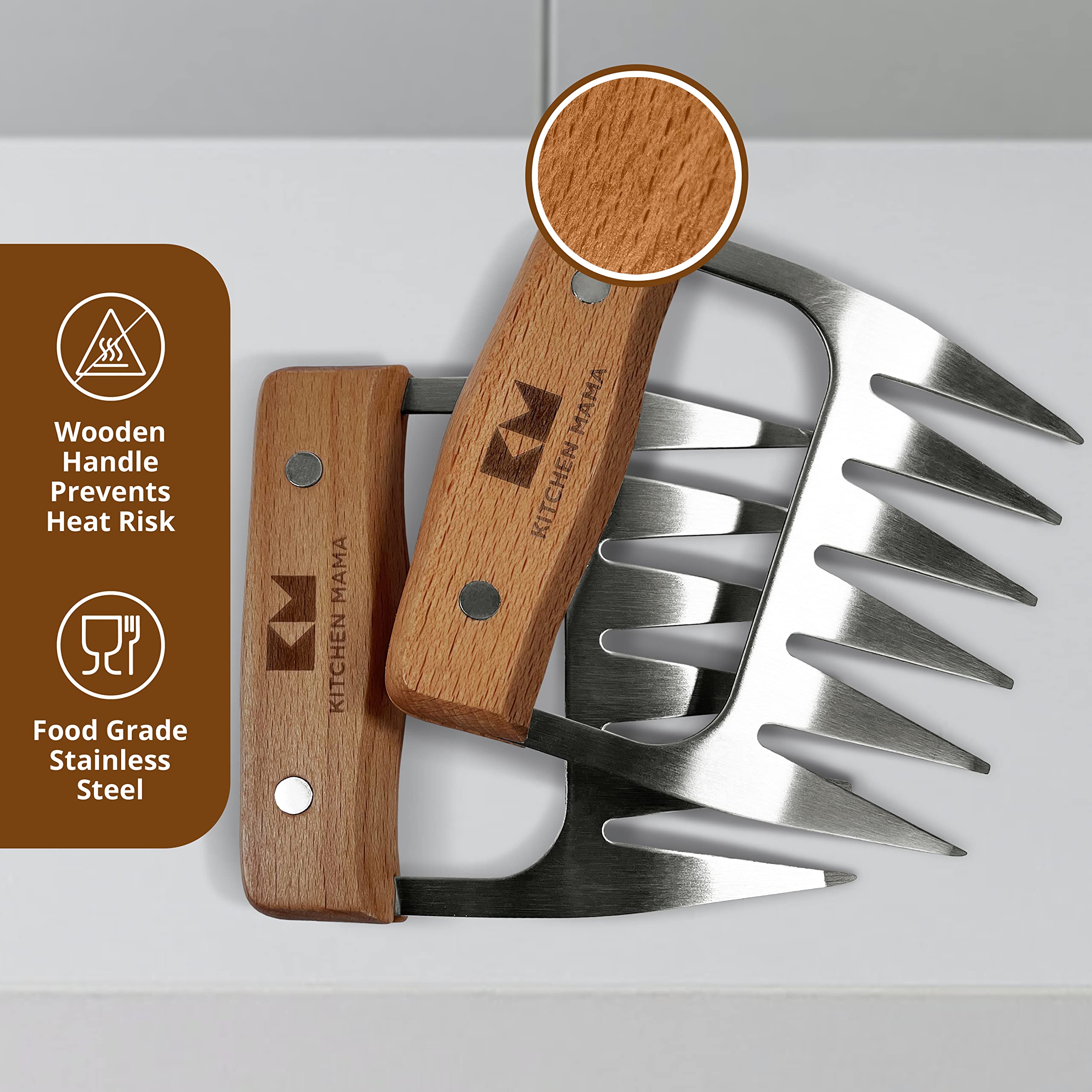 Kitchen Mama Meat Claws: Stainless Steel Shredder Claws with Wooden Handle for BBQ, Shredding, Pulling Pork, Chicken, Beef, and Turkey - Perfect for Grill Masters (1 Pair)