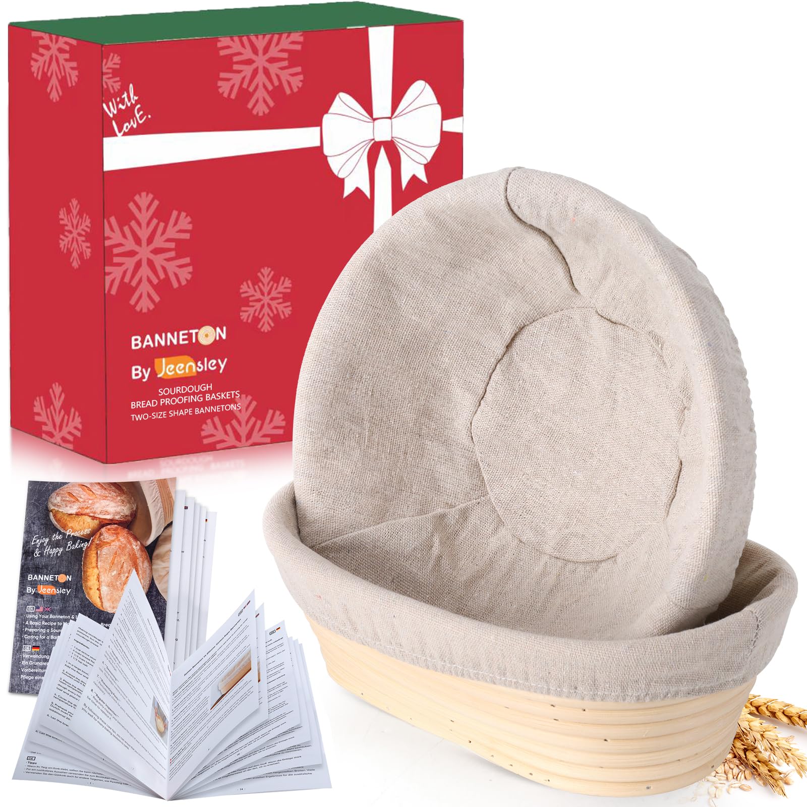 Jeensley Banneton Proofing Baskets with 2025 Leaflet Set of 2, Round & Oval Sourdough Bread Proofing Baskets with Liners, Handmade from Quality Natural Indonesian Rattan Bread Making Supplies