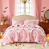 Halloween Sherpa Comforter Set Pink Super Warm Queen Size White Ghost | White Ghost Halloween Room Decor, Fluffy 3 Pieces Pink Horrible Bedding Set (1 Comforter, 2 Pillowcases)