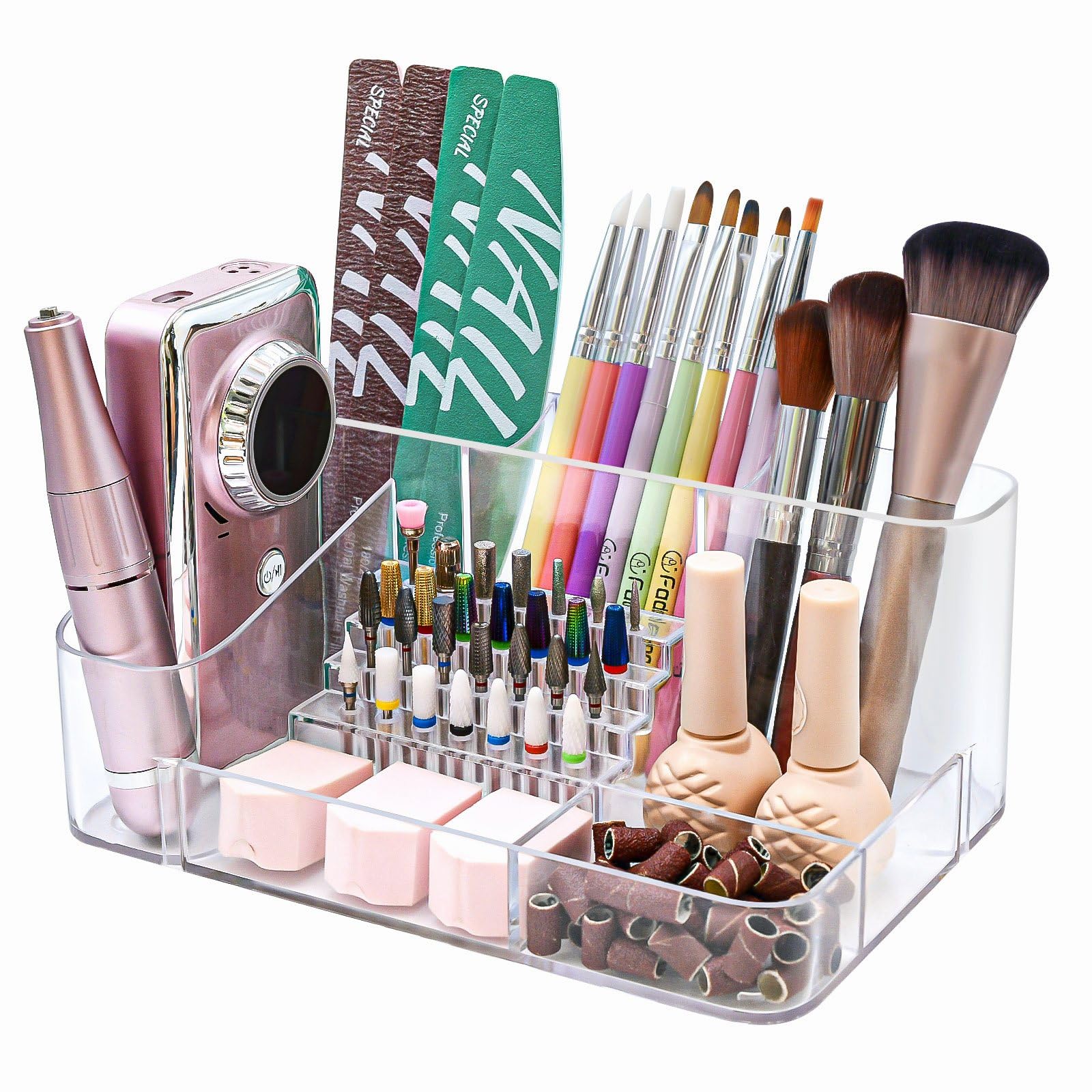 ANRUI Nail Drill Holder, 28 Holes Drill Machine & Bits Storage Box, Acrylic Desk Organizer Holder, Professional Nail Tools Organizer Box for Manicure - Transparent