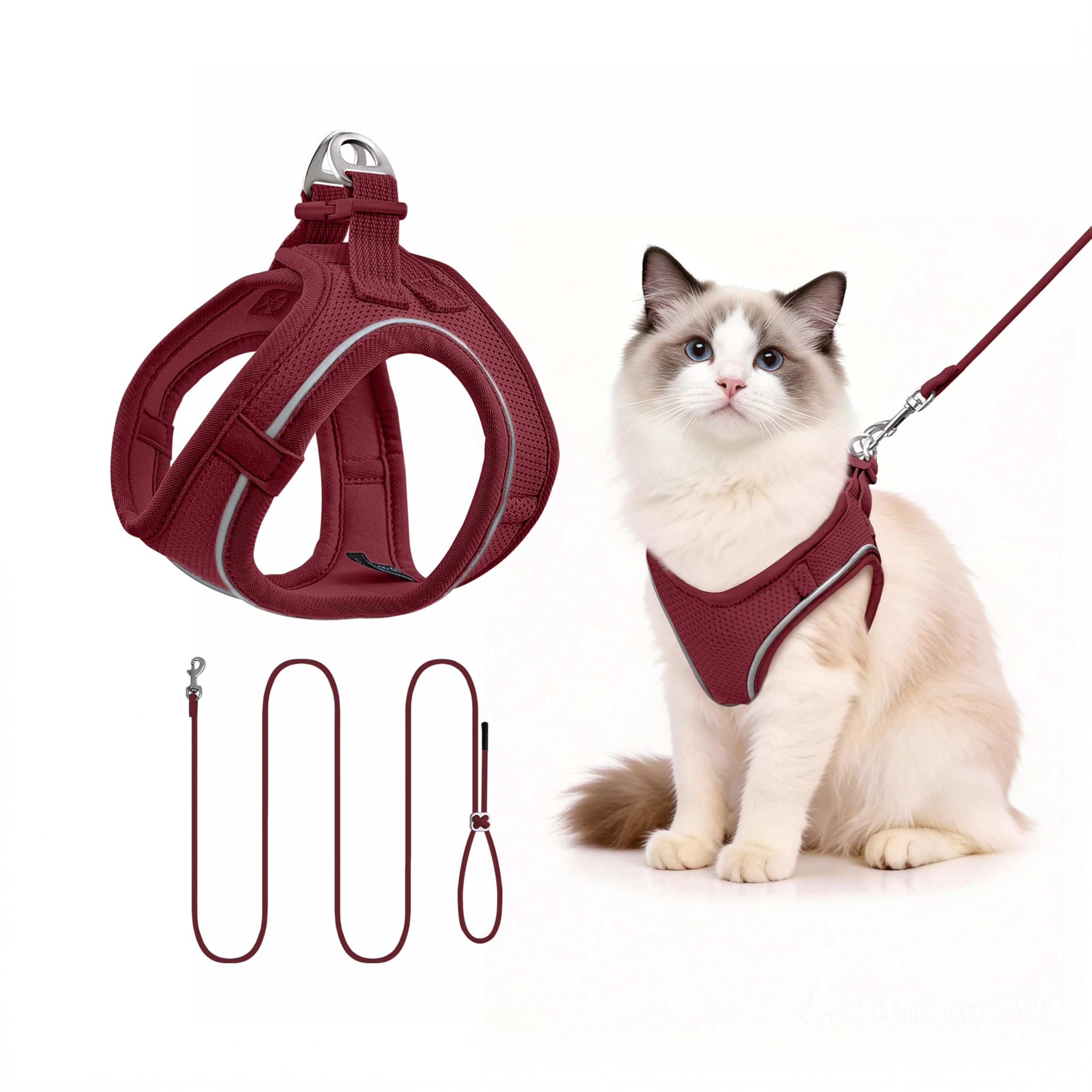 Qianruida Harness and Leash for Small Dogs, Anti-Pull, Adjustable Reflective Puppy Cats Harness Breathable Soft Mesh Jacket for Walking, Running, Training (Burgundy S)