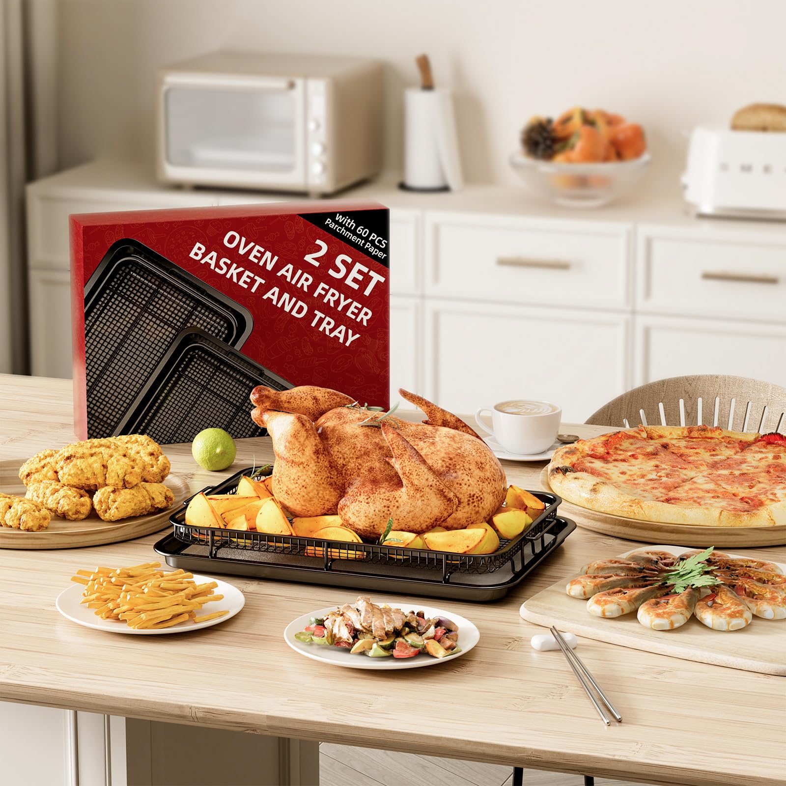 Air Fryer Basket for Oven, 2 Set Air Fryer Basket and Tray Set with 60 Sheets Parchment Papers,THORSES Stainless Steel NonStick Air Fryer Pan and Crisper Tray-Black Large15.7“×11.6” & Medium12.8