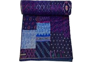 Marubhumi Indian Handmade Quilt Indian Silk Sari Kantha Quilted Patchwork (Blue, Queen (90"x 108"))
