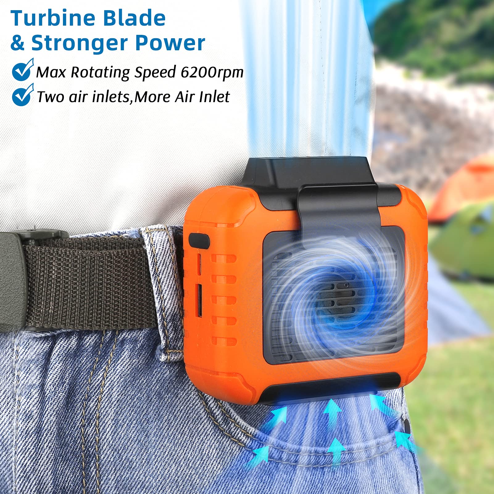 SLENPET 6000mAh Portable Waist Clip Fan with 23H Working Time, 6200RPM Strong Airflow, 3 Speeds, Rechargeable Battery Operated Personal Hands-free USB Belt Fan for Clothes Shirt Farm Work Hiking