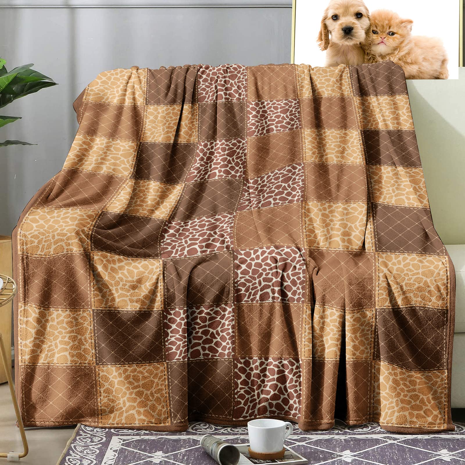 Sowide Giraffe Blanket, Soft Fleece Little Print Blanket Throws, Checkered Flannel Animal Comfy Lightweight Fuzzy Plush Gifts for Baby Women, Couch Nap Bed, Brown Nude/Giraffe Checkered, M(130x152cm)