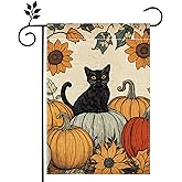 Fall Cat Pumpkin Garden Flag for Outside 12x18 Inch Double Sided Burlap Autumn Thanksgiving Leaves Sunflower Flowers Farmhouse Holiday Rustic Outdoor Yard Flag Home Decorations