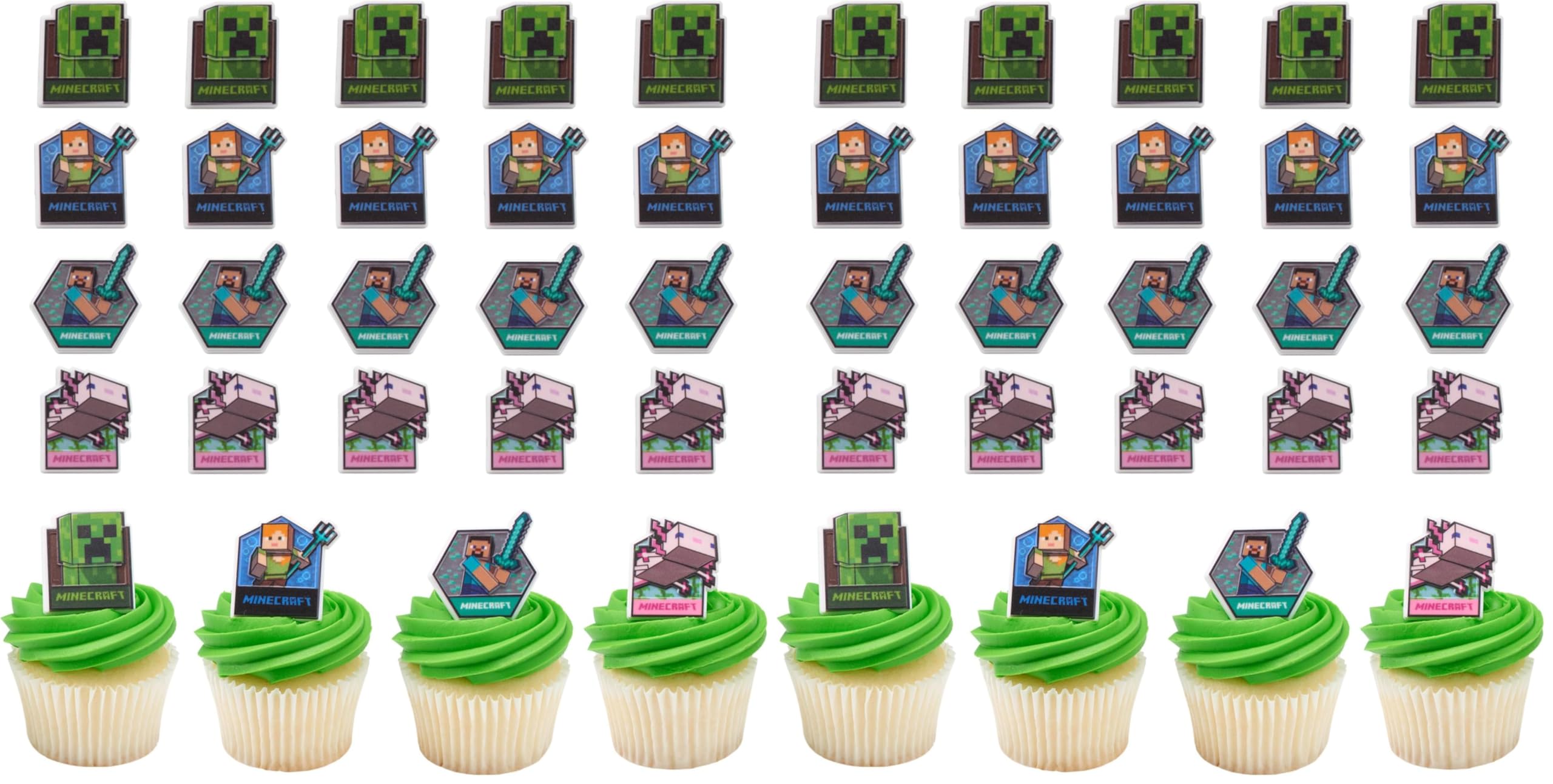 DecoPac Minecraft Lush Finds Rings, Cupcake Decorations Featuring Creeper, Alex, Steve and Axolotl! Multicolored 3D Food Safe Cake Toppers – 48 Pack