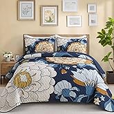 DJY Navy Floral Quilt Set Queen Size Boho Bedspread Coverlet Set, 3 Piece Botanical Quilt Soft Microfiber Blue Floral Bohemian Bedding Set with 2 Pillowcases for All Season, 96''x90''