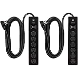 GE 6-Outlet Surge Protector, 2 Pack, 15 Ft Extension Cord, Power Strip, 800 Joules, Flat Plug, Twist-to-Close Safety Covers,