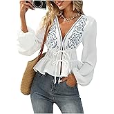 Floerns Women's Floral Boho Ruffle Hem Crop Going Out Tops Tie Front V Neck Lantern Sleeve Peplum Blouse
