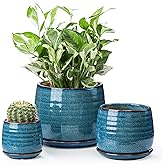 Ceramic Plant Pots with Drainage Holes and Saucers, Indoor Flower Pots for Plants Set of 3, 3.4+4.7+6.1 inch Cute Garden Pots Set for Succulent and Money Tree, Gift for Housewarmings, Blue