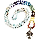 Bivei 7 Chakra 108 Mala Beads Bracelet Real Gemstone Yoga Meditation Hand Knotted Mala Prayer Bead Necklace