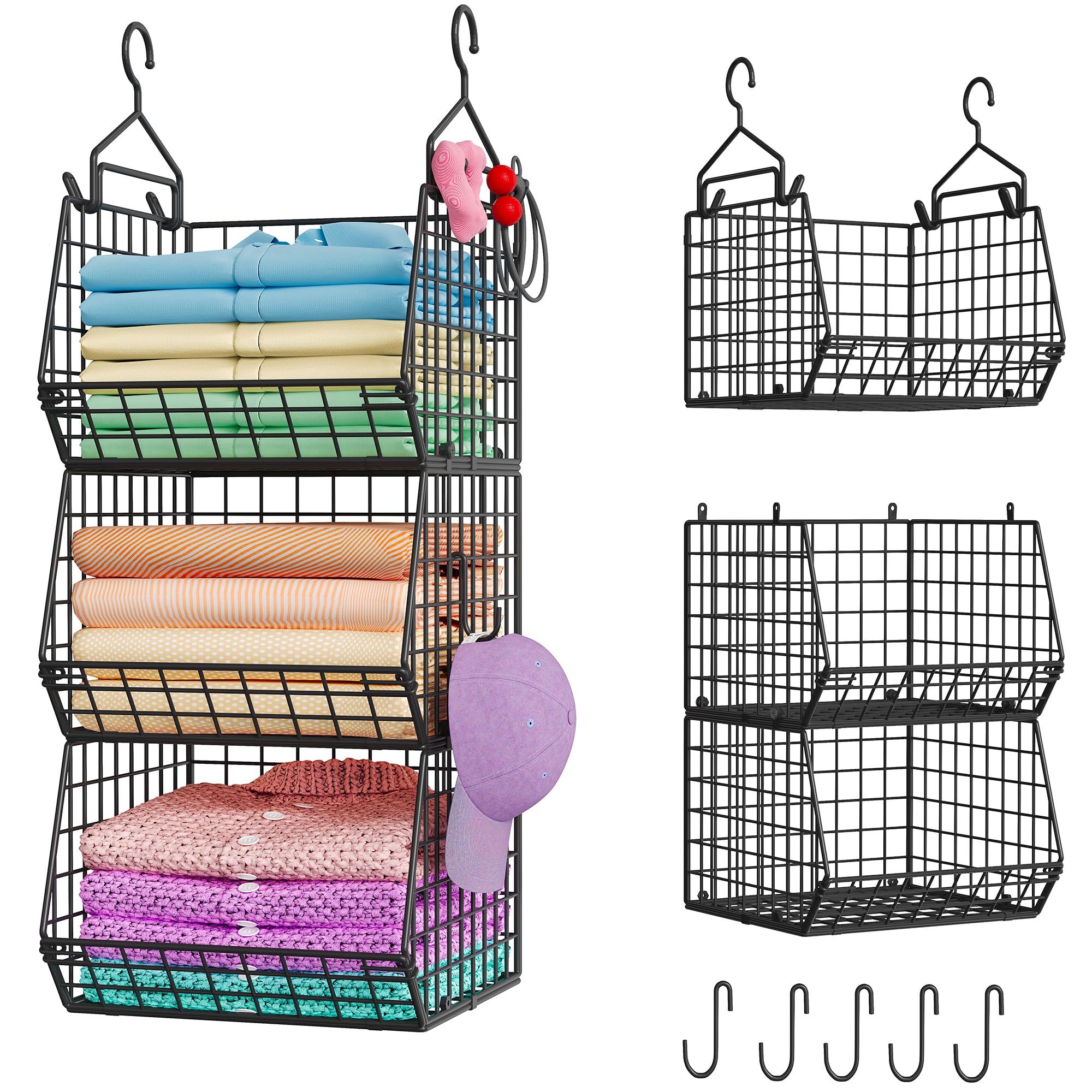 X-cosrack 3-Tier Hanging Storage Organizer for Closet, Laundry & Utility Room | Space Saving Shelves with 1.65" Hook & 5 S-Hooks | Hanging Wire Baskets (12.4" W x 8.8" H x 10.24-11.8" D)