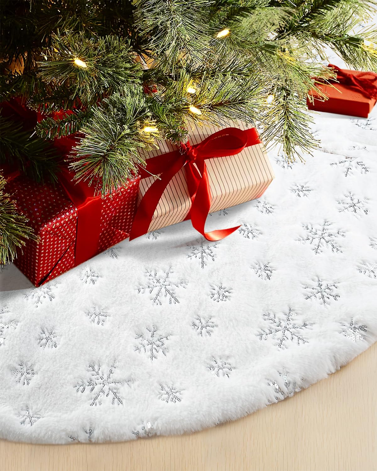 Photo 1 of COOLWUFAN 36 Inches Christmas Tree Skirt for Xmas Tree Holiday Party Decorations White Plush Silver Sequin Snowflake (Silver)
