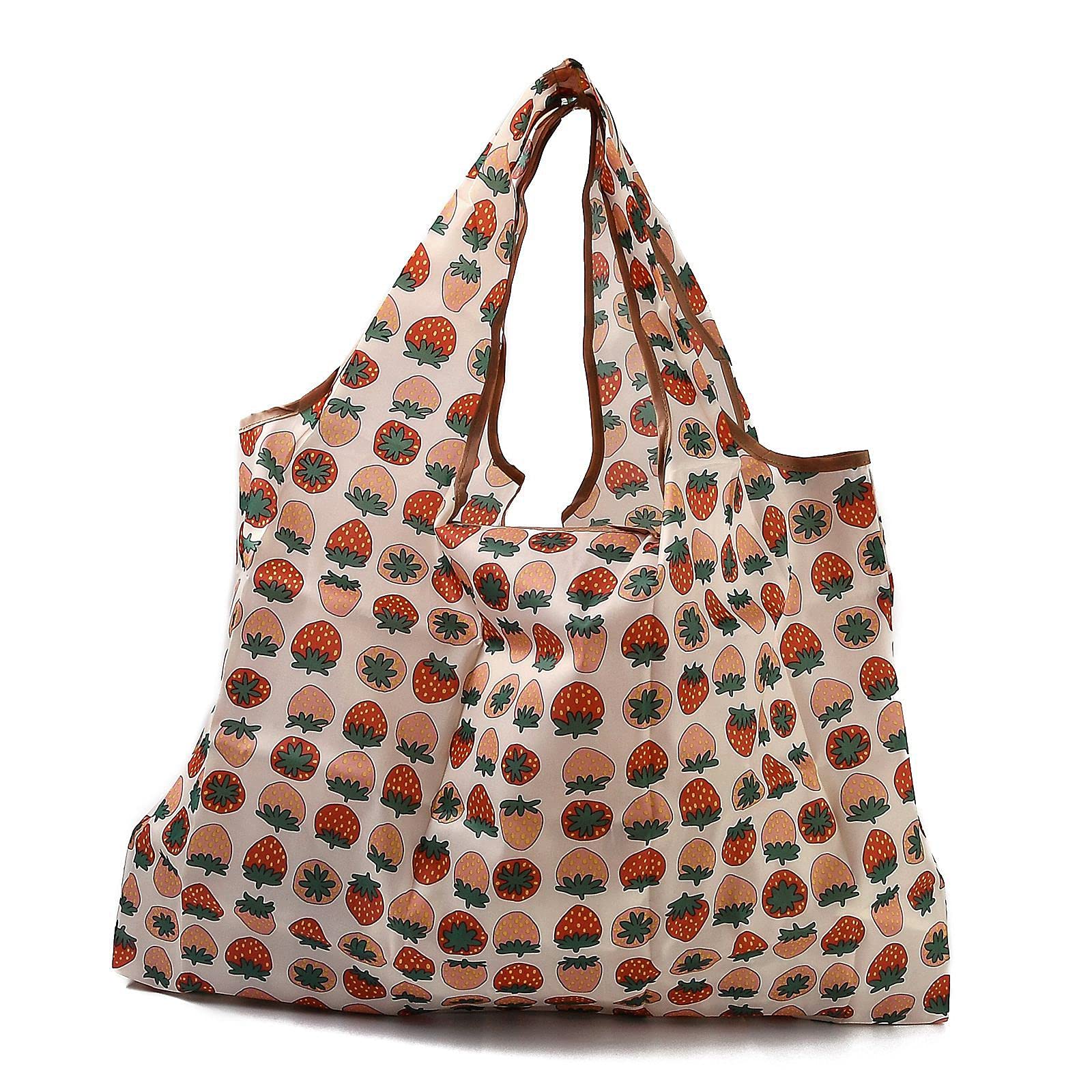 BEEFLYING 3 Pcs Foldable Strawberry Pattern Nylon Reusable Waterproof Tote Bags for Shopping Travel Outdoor Camping (52.5x60x0.15cm)