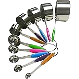 LAXINIS WORLD Stainless Steel Measuring Cups and Measuring Spoons Set - 10 Piece Stackable Measuring Set with Soft Silicone Handles to Measure Dry and Liquid Ingredients, (Multi Color)