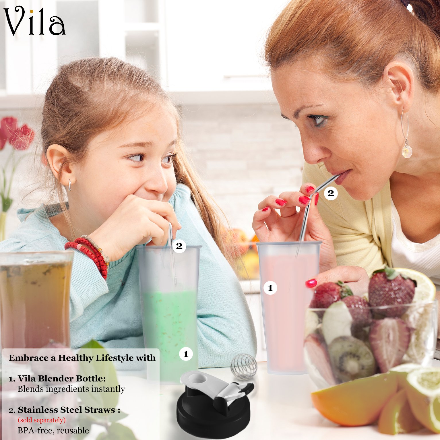 Vila Blender Bottle: Perfect for smoothies, protein blends and more: Stainless steel blender ball inside: Leak-proof, dishwasher safe and BPA-free: Embossed Ounce and Milliliter markings