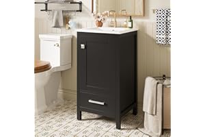 18 Inch Black Bathroom Vanity with Ceramic Sink, Soft-Close Drawer & Door, Solid Wood+MDF Freestanding Vanity with Divider Dr