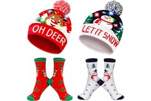 MGparty Christmas Hats Socks Winter LED Costume Light Up Beanie Knit Hat Crew Sock Holiday Party Favors for Adults Kids