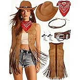 Western Outfits for Women Cowgirl Costume Women Fringe Vest Sleeveless with Cowboy Hat Earring Bandana Belts Accessories