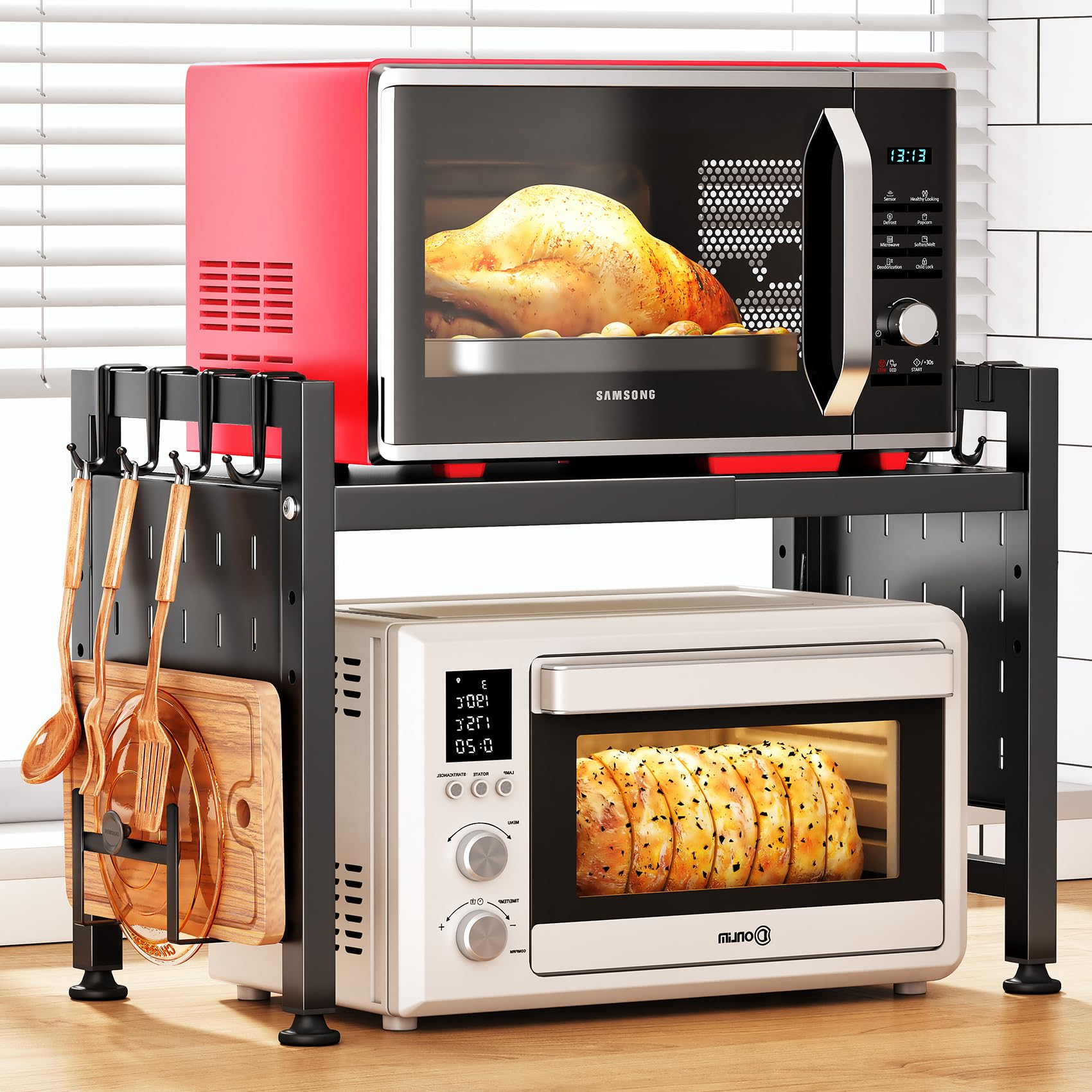 SAYZH Mikrowellen Regal, 2-stufiges Erweiterbares mikrowelle Regal Mikrowellenregal Organizer Küche mit 10 Haken, Flexibel Ausziehbar von 40-70cm, Stufiges Küchenregal mikrowellenständer, Schwarz